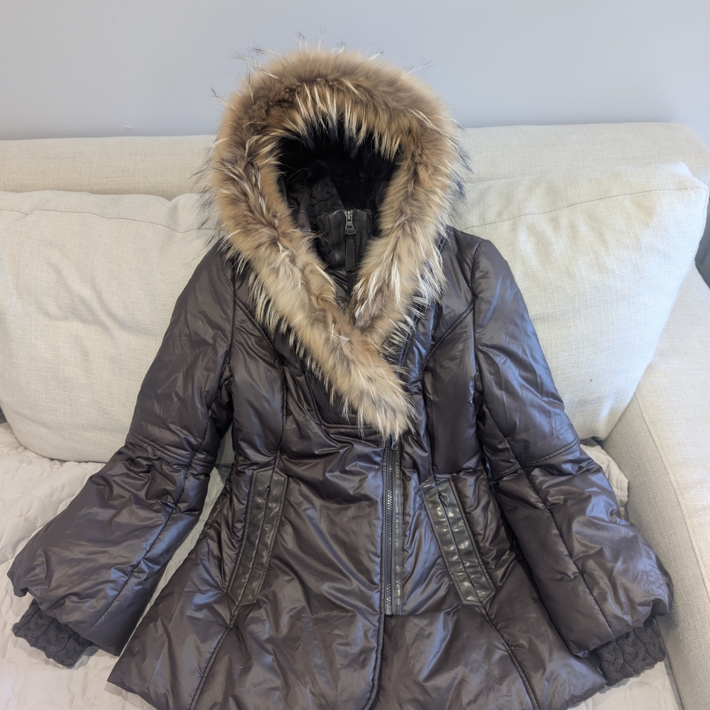 Mackage Dark Brown Puffer Jacket with Fur Trim